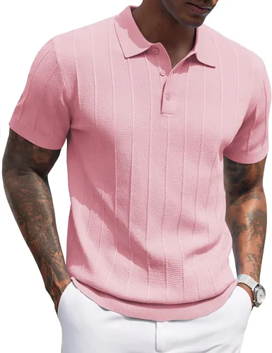 Vista 70 de COOFANDY Camisas polo de punto para hombre de manga corta con textura acanalada Camisas de golf casuales y ligeras con cuello Camiseta de polo