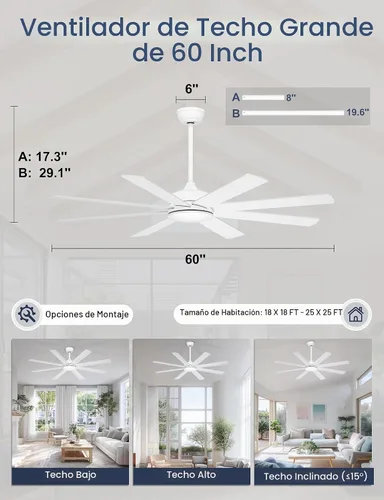 Vista 7 de 60'' White Ceiling Fan Without Lights for Indoor/Covered Outdoor Blanco