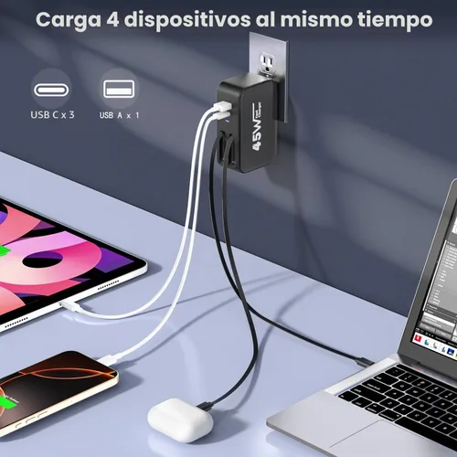 Vista 2 de Cargador de pared retráctil 4 en 1, enchufe de cable USB C doble, cargador USB C de 45 W, cargador retráctil rápido para iPhone, bloque plegable