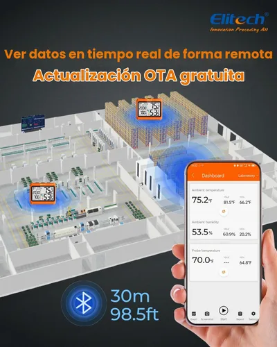 Vista 5 de Elitech Termómetro higrómetro digital Bluetooth, termómetro para refrigerador con aplicación gratuita, monitor de humedad de temperatura en tiempo