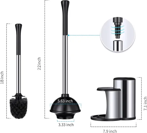 Vista 8 de Émbolo de inodoro y cepillo de inodoro con soporte de émbolo y cepillo de inodoro combinado con mango de acero inoxidable para limpieza de baño