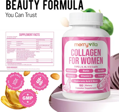 Vista 3 de Colágeno para mujeres – Péptidos de multicolágeno hidrolizados tipo I, II, III, V y X – Suplemento de colágeno con vitamina C, biotina y ácido