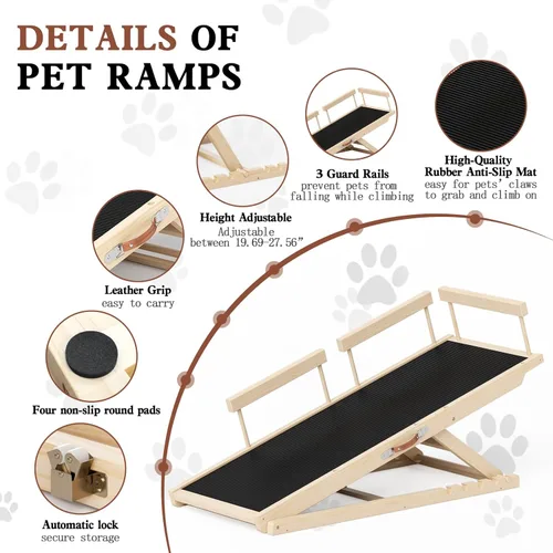 Vista 4 de Rampa para perros para cama alta, sofá, automóvil, rampas para mascotas de 55.12" de largo ajustable de 19.3"-27.17" escalón de madera para perro