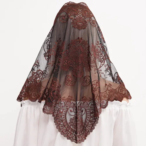 Vista 6 de Cabeza de encaje de mantilla triangular que cubre velos de iglesia católica de masa
