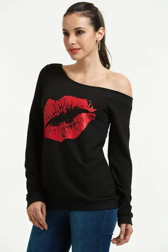 Vista 6 de Magicmk - Sudadera de hombro descubierto y mangas largas, con estampado de labios de mujer, en talla extragrande, para mujer