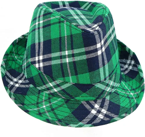 Vista 3 de Skeleteen Fedora verde a cuadros irlandeses, accesorios de disfraz del día de San Patricio, sombrero de duende para hombres, mujeres y niños