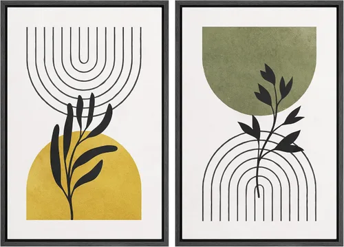 Vista 118 de SIGNFORD Lienzo enmarcado para pared, juego de arte geométrico retro de mediados de siglo, plantas forestales, ilustraciones con formas abstractas