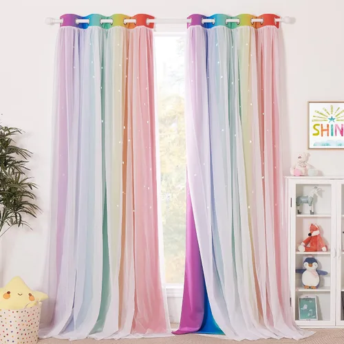 Vista 16 de NICETOWN Cortinas para dormitorio de niñas, cortinas de arco iris, cortinas de estrellas, cortinas de princesa, decoración de habitación