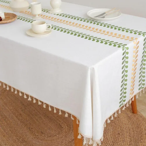 Vista 5 de AMZALI Mantel cuadrado de lino de algodón con bordado de hojas, diseño para granja, con borlas, sin arrugas, cubierta de mesa para decoración