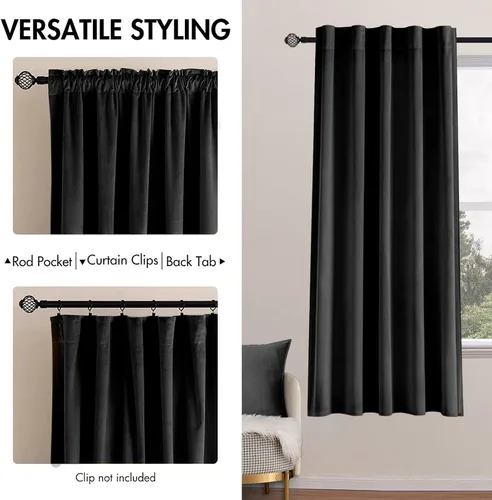 Vista 2 de MIULEE 2 paneles de cortinas de terciopelo negro de 63 pulgadas de largo, cortinas opacas de lujo para dormitorio, sala de estar, aislamiento