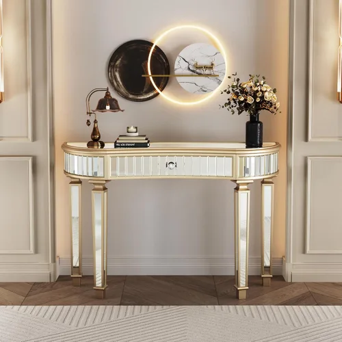 Vista 39 de Mesa Consola Negra con Espejo, Mesa de Sofá de Cristal Rectangular de 48 pulgadas con Elementos Tallados Vintage con Espejo, Muebles de Espejo