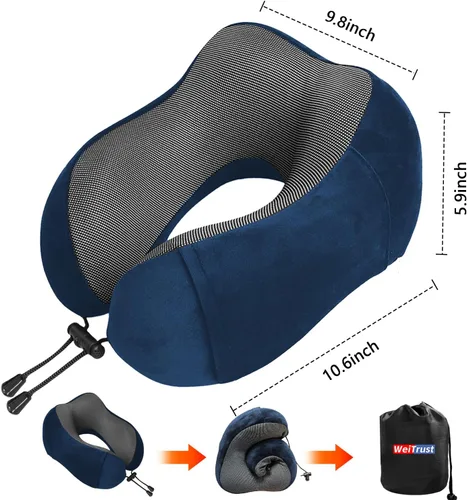 Vista 7 de Almohada cervical de viaje con espuma viscoelástica, soporte ergonómico, hebilla ajustable, incluye máscara de ojos y tapones para los oídos, funda
