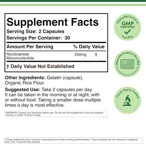 Vista 2 de Suplemento NMN - 99% de pureza probada - 125 mg por cápsula de mononucleótido de nicotinamida, 60 cápsulas, por Double Wood Supplements