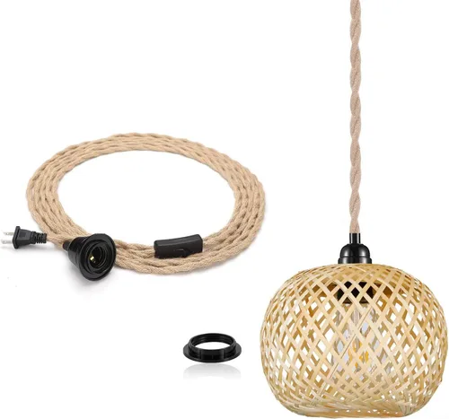 Vista 8 de Lámpara colgante de mimbre con enchufe bohemio 15ft Hemp Rope Cord, MINI Bamboo Lampshade, Wall Lighting Swag Lamp, for Kitchen Island Farmhouse