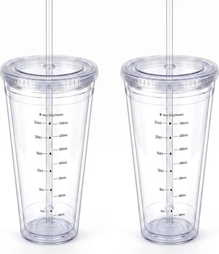 Vista 13 de Zukro Vaso de plástico transparente reutilizable de 32 onzas con tapa y pajita, doble pared Azul