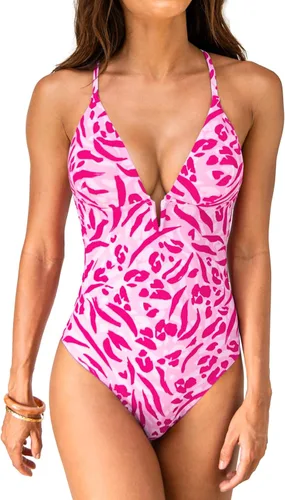 Vista 15 de CUPSHE Traje de baño de una pieza para mujer, cuello en V profundo, espalda entrecruzada con tirantes delgados ajustables Beige/Negro Wave