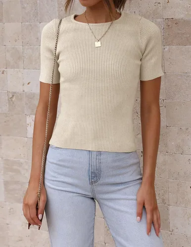 Vista 3 de ZESICA Camiseta de manga corta con cuello redondo y punto acanalado para mujer, ajustada, camiseta básica de verano 2023 de color sólido