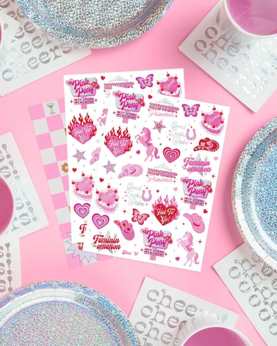 Vista 5 de xo, Fetti Pink Pony Club - Tatuajes temporales – 54 piezas de papel de aluminio iridiscente Fiesta de despedida de soltera de vaquera, recuerdos