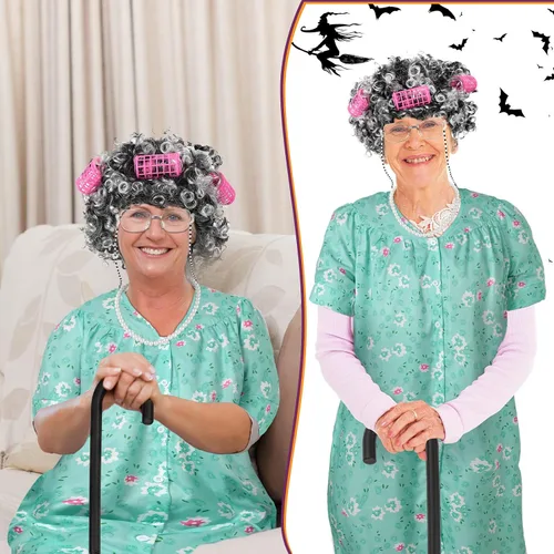 Vista 6 de Jiuguva 7 piezas de disfraz de anciana para mujeres y niños, túnica de manga corta para abuelita, peluca de anciana, peluca plegable con muleta