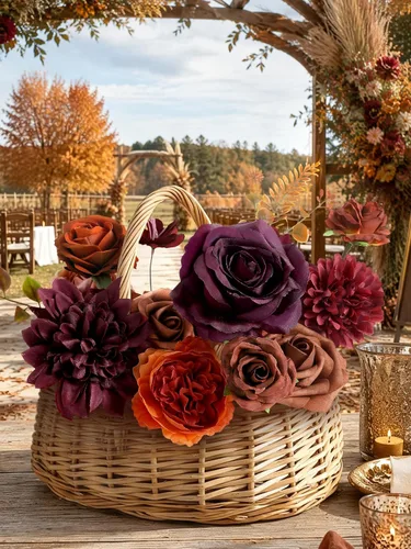 Vista 5 de Flores artificiales de otoño, flores falsas burdeos a granel para Borgoña