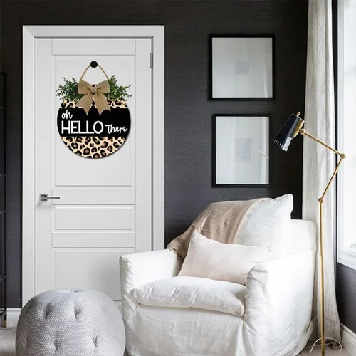 Vista 3 de Letrero con texto en inglés "Hello There" para puerta delantera, letrero de bienvenida para puerta de entrada, corona de madera redonda rústica