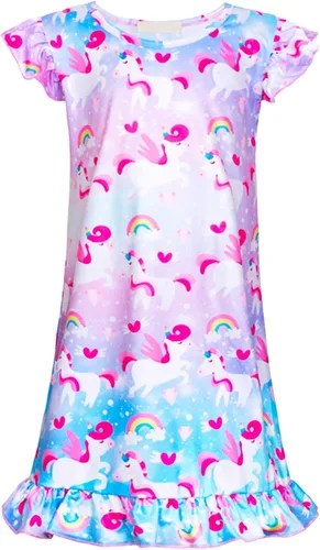Vista 11 de Camisón de noche para niñas, vestido de noche, unicornio, arcoíris, princesa, pijamas, ropa de dormir, camisón