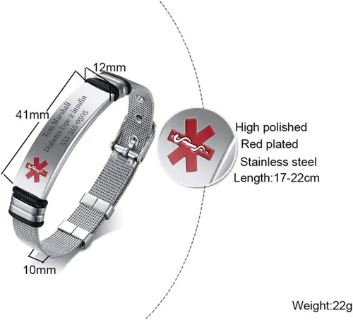 Vista 3 de Pulsera de malla de acero inoxidable personalizable con grabado láser, ajustable, alerta médica, pulseras de identificación de EE. UU. con tarjeta
