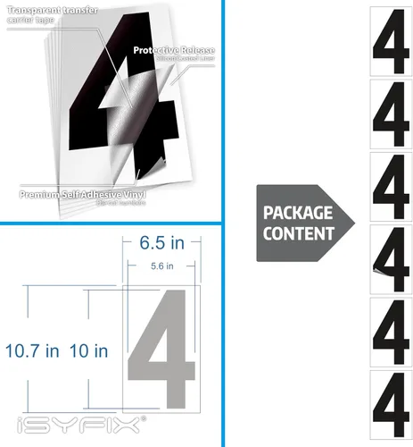 Vista 6 de iSYFIX Calcomanías de vinilo negro número 4 (cuatro) - 6 paquetes de 10 pulgadas autoadhesivas - Calcomanía troquelada y preespaciada para buzón, 4