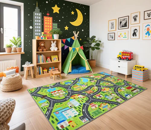 Vista 21 de Alfombras de juego de autos para niños, 36 x 60 pulgadas, tapete de juego de mapa de ruta urbano para jugar con autos, camiones, tapete de juego