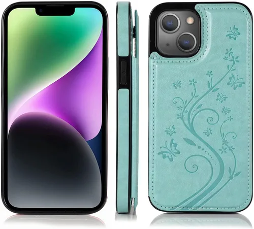 Vista 4 de Funda de teléfono para iPhone 14 de 6.1 pulgadas con protector de pantalla de vidrio templado y tarjetero con soporte para tarjetero, soporte