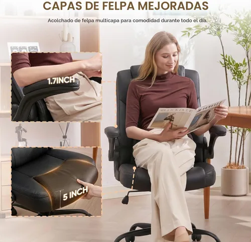 Vista 3 de Silla de Oficina para el Hogar con Soporte Lumbar, Asiento Engrosado de 5", Pequeña Silla de Escritorio Mecedora de Cuero PU, Cómodas Sillas de Negro