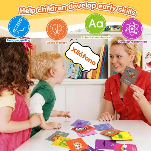 Vista 5 de Tarjetas didácticas de aprendizaje de español para niños pequeños, 60 tarjetas bilingües de doble cara para números, colores, formas, palabras