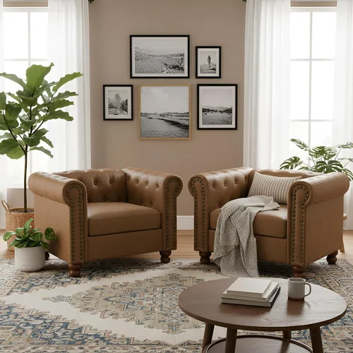Vista 7 de Air - Silla Chesterfield de cuero, sofá individual copetudo para sala de estar, sillón decorativo con ribete de cabeza de clavo