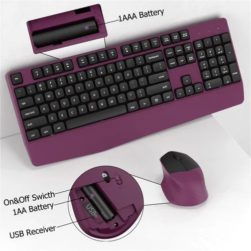 Vista 6 de Combo de teclado y mouse inalámbricos, teclado ergonómico con reposamuñecas, conexión inalámbrica de 2.4 GHz, compatible con PC/laptop, Windows/Mac