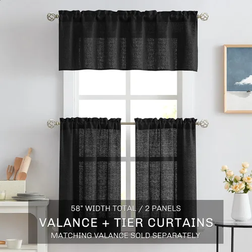 Vista 7 de Melodieux Cortinas de Niveles Semitraslúcidas Negras de 24 Pulgadas de Largo para Cocina, Cafetería, Dormitorio, Ventanas Pequeñas, Aspecto de Lino
