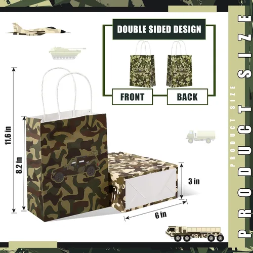 Vista 3 de Tallew Paquete de 24 bolsas de regalo de camuflaje para fiesta de cumpleaños, bolsas de regalo temáticas de camuflaje para niños y niñas, baby
