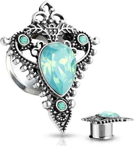 Vista 2 de Pierced Owl - Calibres de enchufe de acero inoxidable con diseño de lágrima de opalita verde jade, escudo tribal adornado, se venden por pares