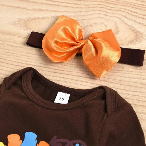 Vista 3 de Trajes de Acción de Gracias para bebé recién nacida, mameluco de manga larga con diseño de pavo, falda tutú de tul, diadema con lazo, calentadores