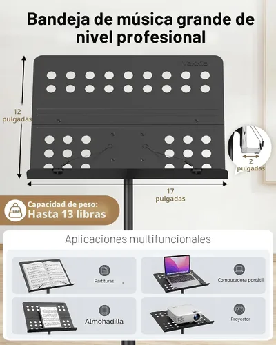 Vista 7 de Vekkia Atril para Partituras - Atril de Música Profesional Portátil de Metal Perforado con Bolsa de Transporte, Soporte de Música Plegable