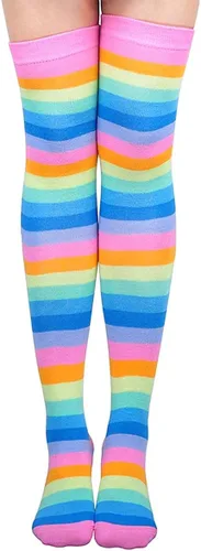 Vista 2 de YELAIVP Conjunto de calcetines altos hasta el muslo de arco iris por encima de la rodilla, accesorios de cosplay, calentadores de piernas para niñas