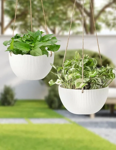 Vista 6 de UBEE Macetas colgantes de cerámica para interiores y exteriores, maceta colgante de 7.5 pulgadas + 6.5 pulgadas para plantas, cesta colgante
