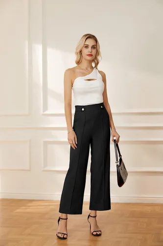 Vista 2 de GRACE KARIN Pantalones de trabajo recortados de pierna recta para mujer, cintura alta elástica, pierna ancha, pantalones casuales de negocios