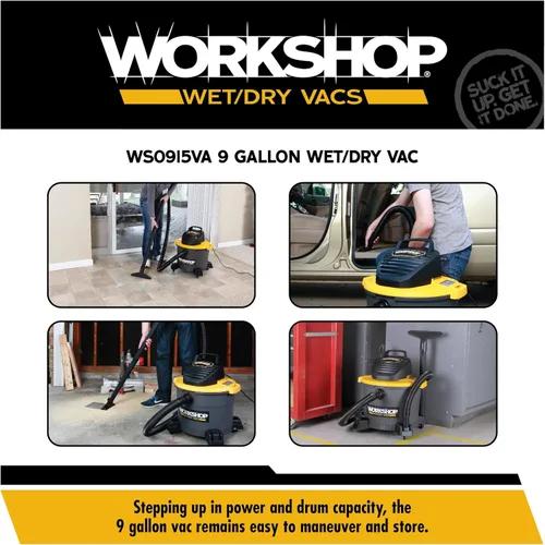 Vista 4 de WORKSHOP Wet/Dry Vacs Shop Vacuum WS0915VA - Aspiradora de uso general en seco y húmedo de 9 galones, 4.25 Pico HP con filtro, bolsa para polvo