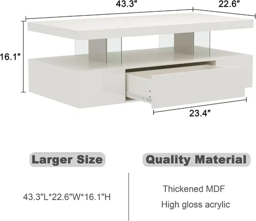 Vista 2 de ChooChoo Mesa de centro moderna con LED, mesa central de alto brillo con cajón, mesa auxiliar rectangular con almacenamiento para sala de estar