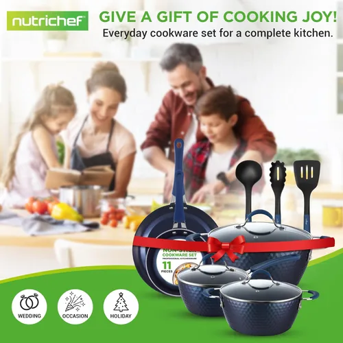 Vista 7 de NutriChef Juego de ollas y sartenes de 11 piezas, juego de utensilios de cocina antiadherentes con revestimiento de cerámica, asas frías al tacto