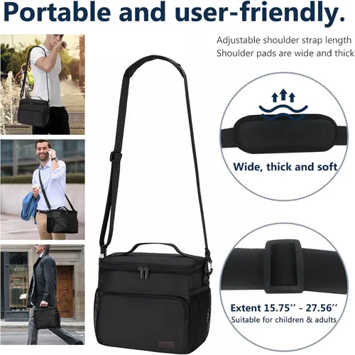 Vista 5 de Gloppie Fiambrera para hombres Bolsa de almuerzo para mujeres, a prueba de fugas almuerzo refrigerador bolsa negro gran almuerzo térmica
