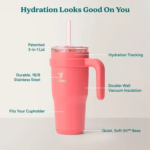 Vista 4 de REDUCE Vaso de acero inoxidable de 24 onzas con asa, con aislamiento al vacío de doble pared, tapa a prueba de sudor y popote reutilizable, mantiene