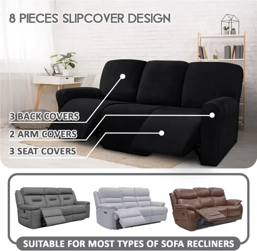 Vista 2 de ULTICOR Fundas de terciopelo para sofá reclinable de 8 piezas, fundas elásticas para sofá reclinable de 3 cojines, fundas para muebles, fundas