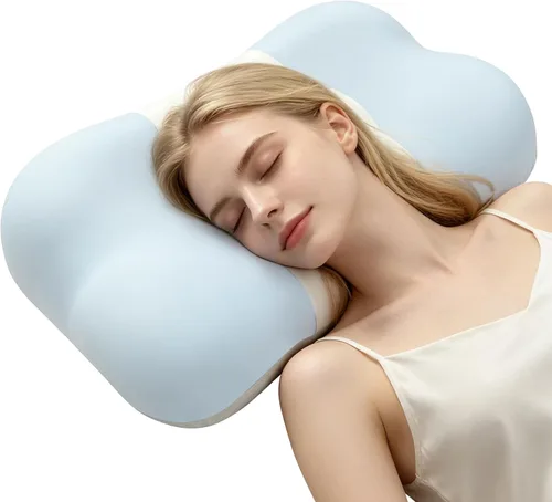 Vista 5 de Almohada cervical de espuma viscoelástica, soporte ergonómico de contorno para aliviar el dolor de cuello Azul y blanco