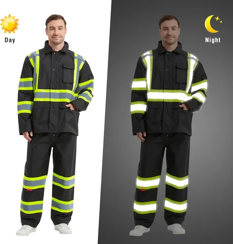Vista 5 de ProtectX Ropa de lluvia impermeable de alta visibilidad para hombres y mujeres, chaqueta reflectante de seguridad y pantalón de alta visibilidad